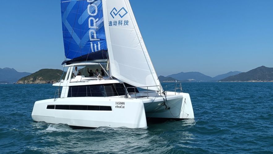 A catamaran powered by ePropulsion 96v eSSA POD Drive electric motors